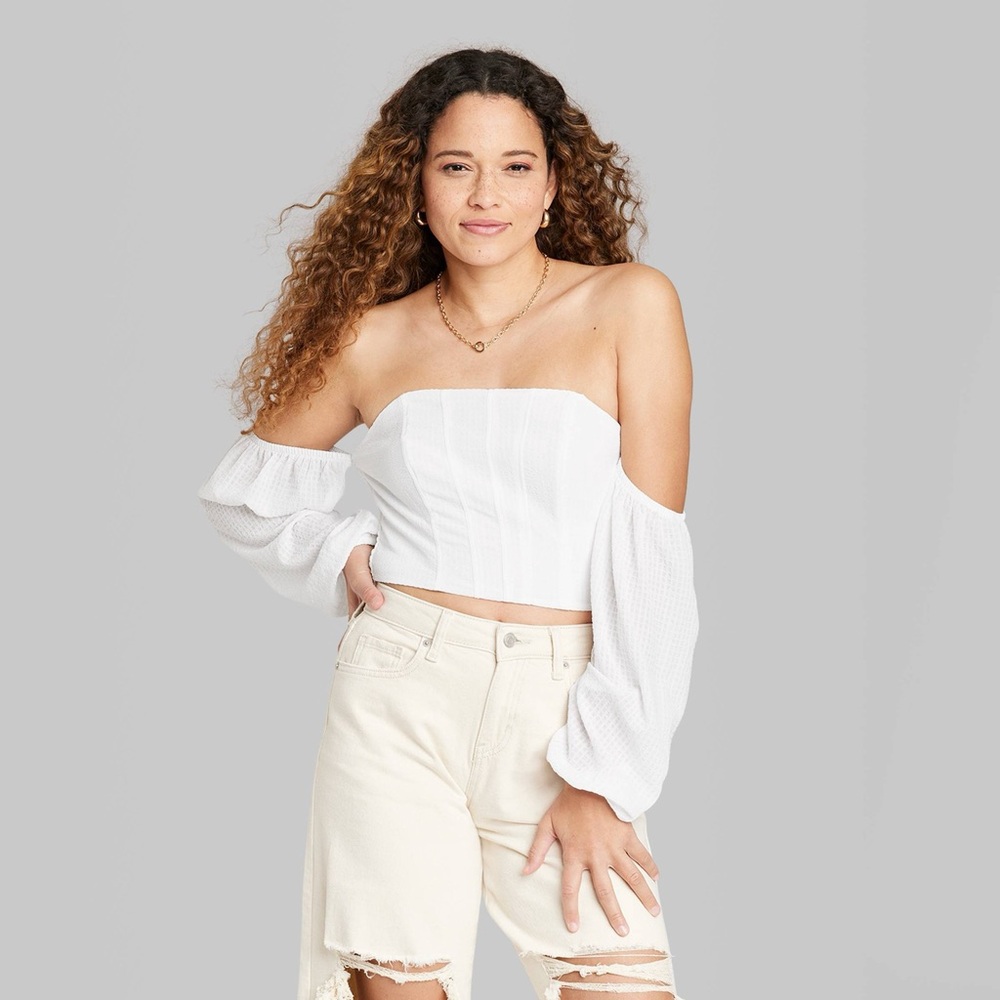 Wild Fable balloon long sleeve off shoulder corset top in white